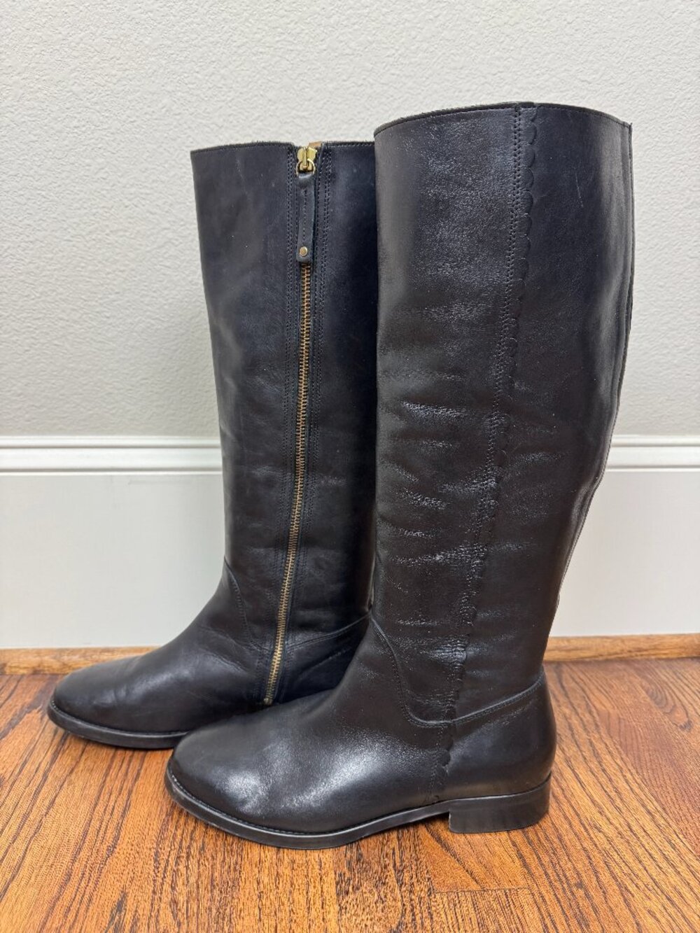 Boden Malvern Knee High Riding Boots Women's 8 Black Scalloped Trim